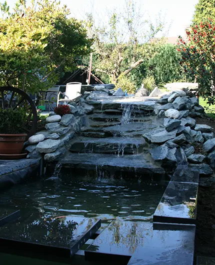 Fontaine et étang dans un jardin